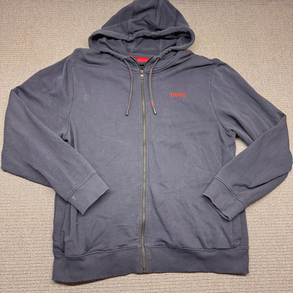 HUGO Hugo Boss Mens Full Zip Hoodie Navy Blue Red Logo XL 50447970